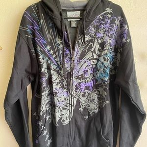 Black,turquoise,purple, grey. Zip up skull hoodie